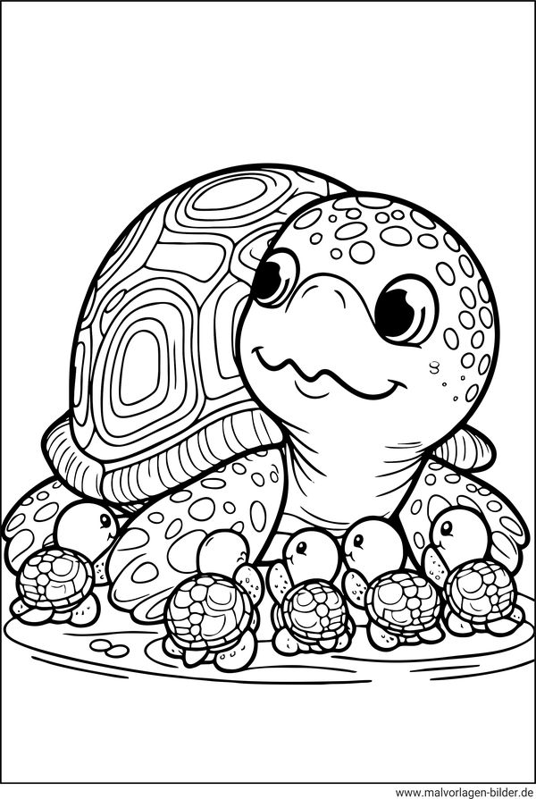 Ausmalbild Schildkröte mit Babyschildkröten