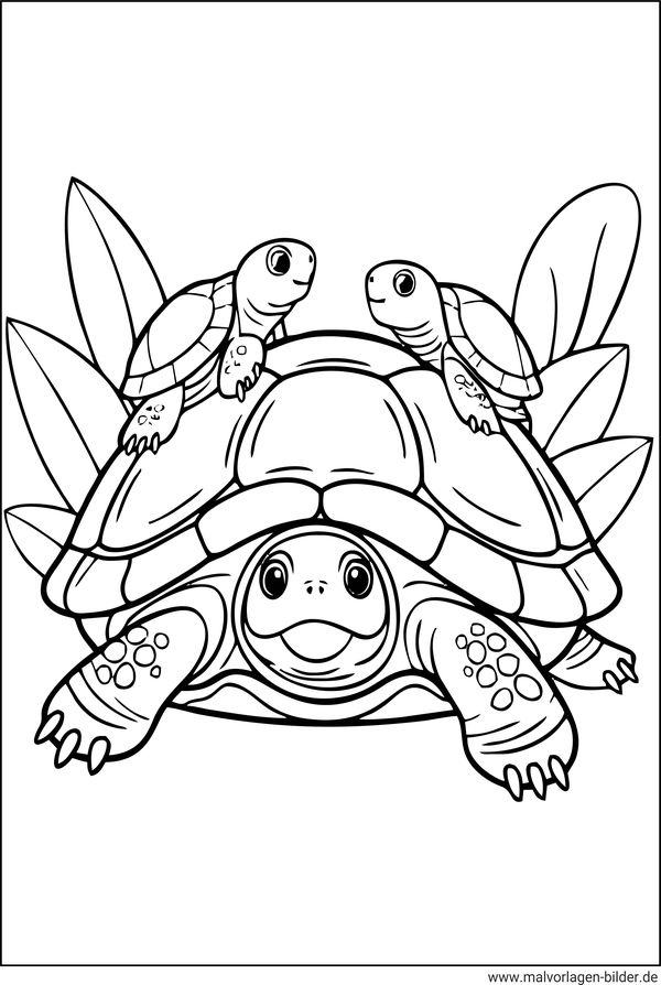 Ausmalbild Schildkröte mit zwei Babys