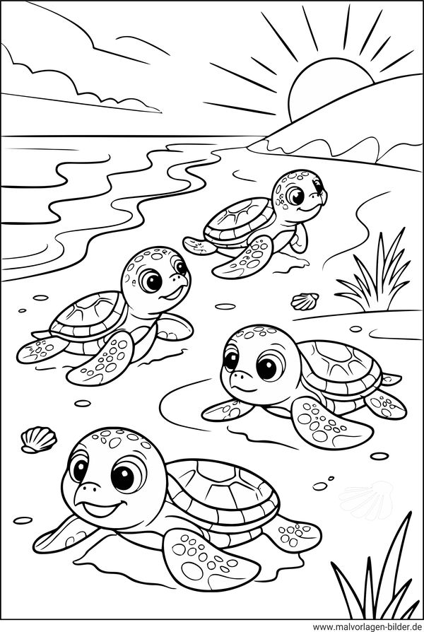 Babyschildkröten am Strand Ausmalbild