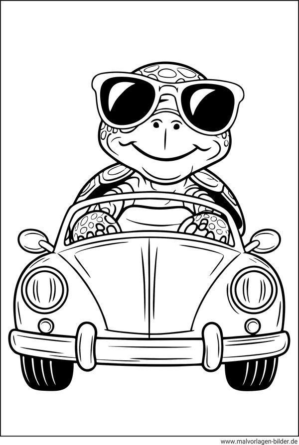 Schildkröte fährt Auto Ausmalbild im Comic-Stil