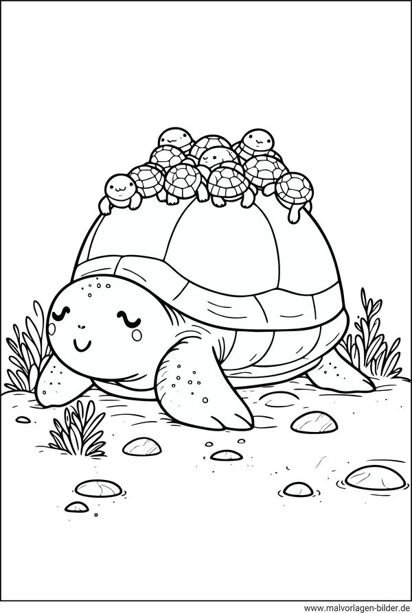 Schildkröte mit Schildkrötenkindern Ausmalbild