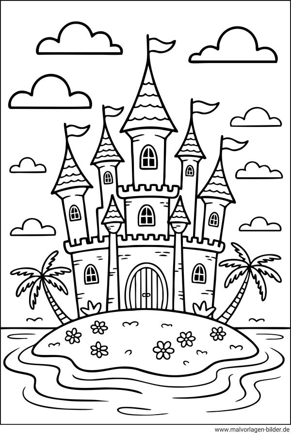 Ausmalbild Schloss auf einer Insel