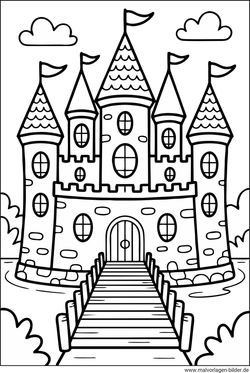 Ausmalbild Schloss mit Brücke und ein Wassergraben