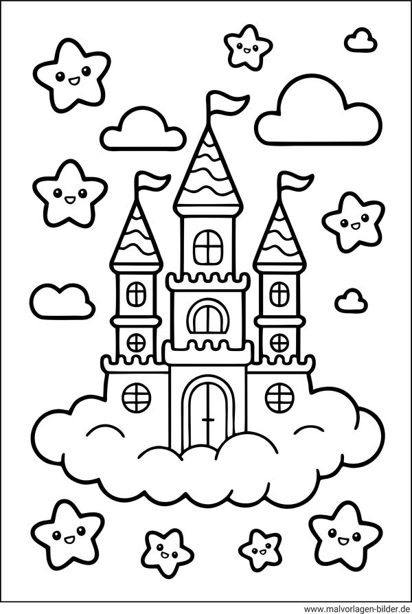 Ausmalbild Schloss in den Wolken