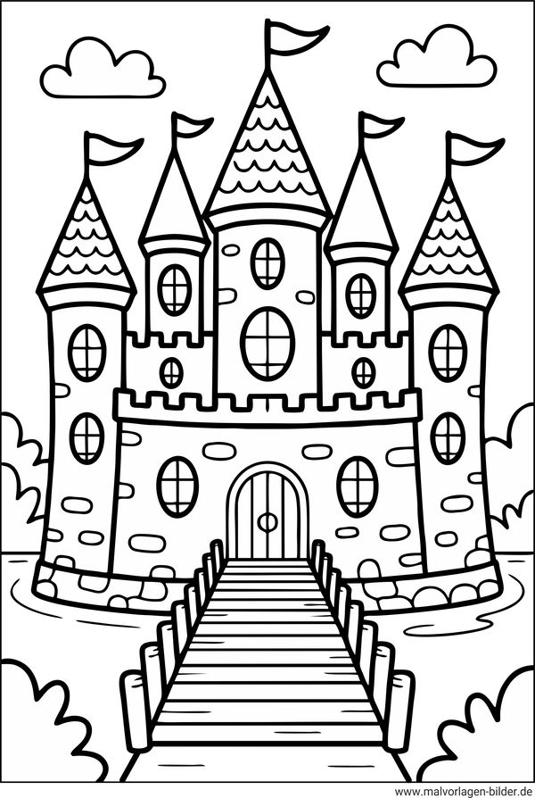Ausmalbild Schloss mit Brücke