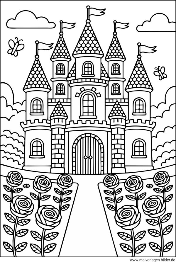 Ausmalbild Schloss mit Garten