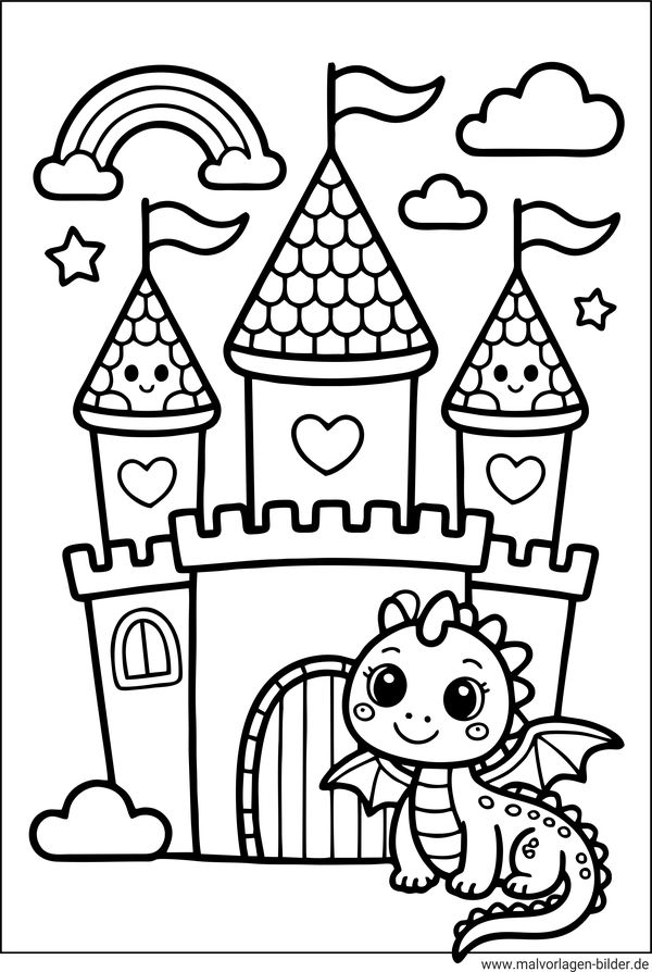 Ausmalbild Schloss und ein kleiner Drache