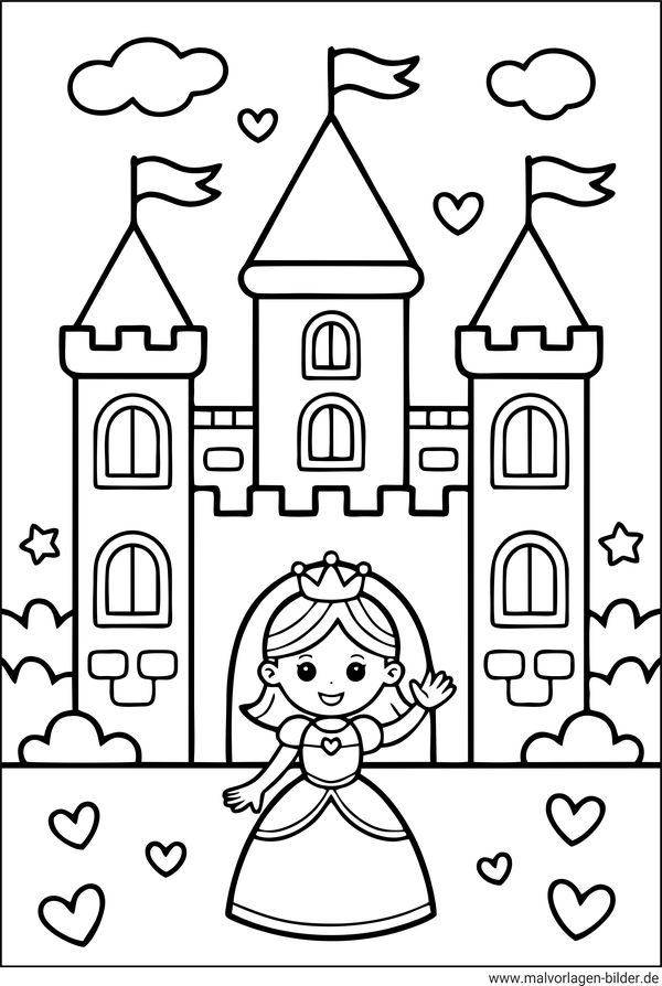 Ausmalbild Schloss und Prinzessin