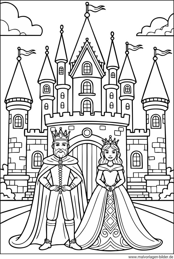 König und Königin vor ihrem Schloss Ausmalbild