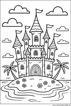 Schloss Insel Palmen Ausmalbild