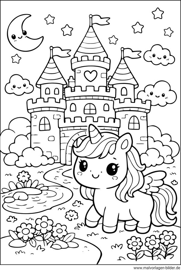 Schloss mit einem Einhorn Ausmalbild