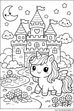 Schloss niedliches Einhorn Ausmalbild für Mädchen