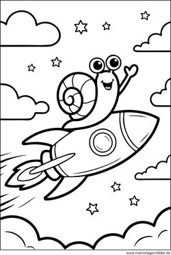 Ausmalbild Schnecke fliegt mit einer Rakete zu den Sternen