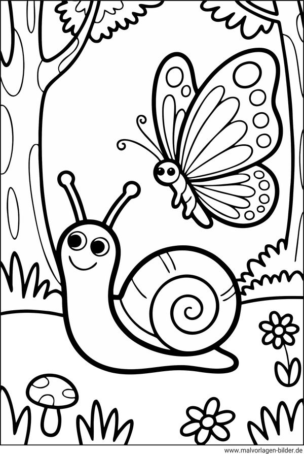 Ausmalbild Schnecke und Schmetterling
