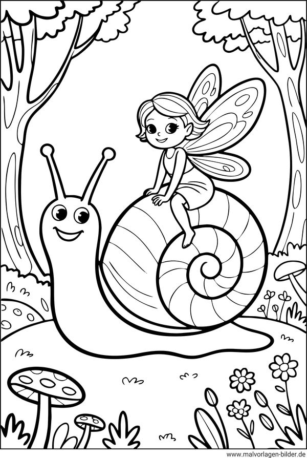 Ausmalbild Schnecke und die kleine Fee