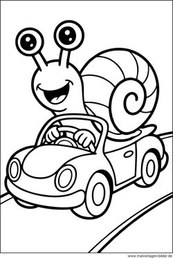 Lustiges Ausmalbild für Kinder Schnecke fährt ein Auto