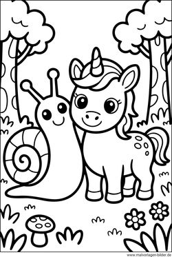 Schnecke und Einhorn Ausmalbild für Kinder ausmalen