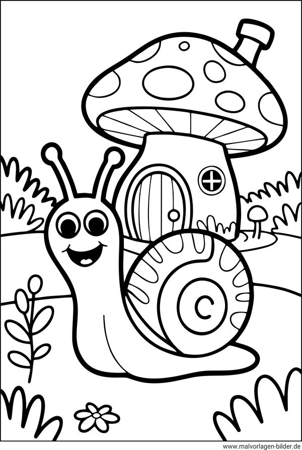 Schnecke und ein Pilzhaus Ausmalbild