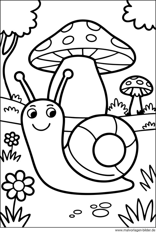 Schnecke und Pilze Ausmalbild