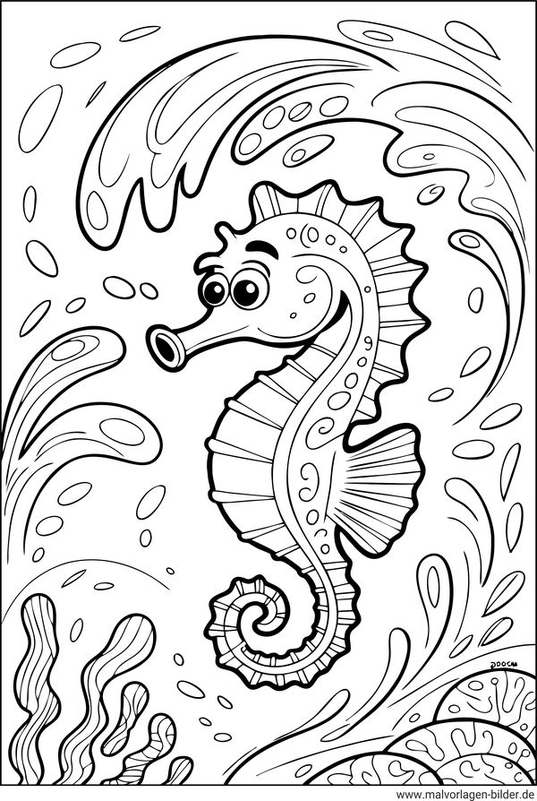 Ausmalbild Seepferdchen im Wasser