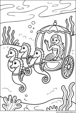 Seepferdchen Kutsche mit einer Meerjungfrau Ausmalbild