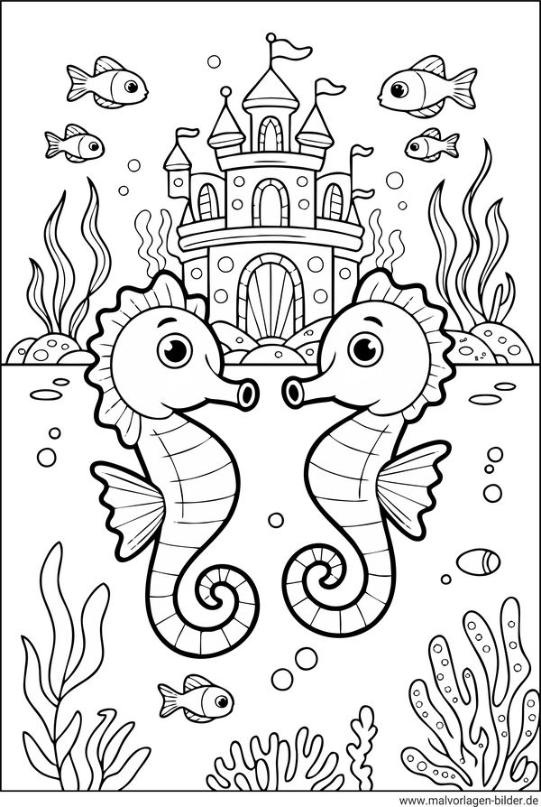 Seepferdchen und ein Schloss im Meer Ausmalbild
