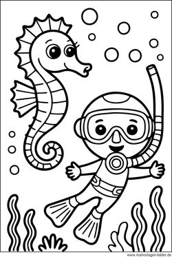 Seepferdchen Tauchrer im Meer Ausmalbild