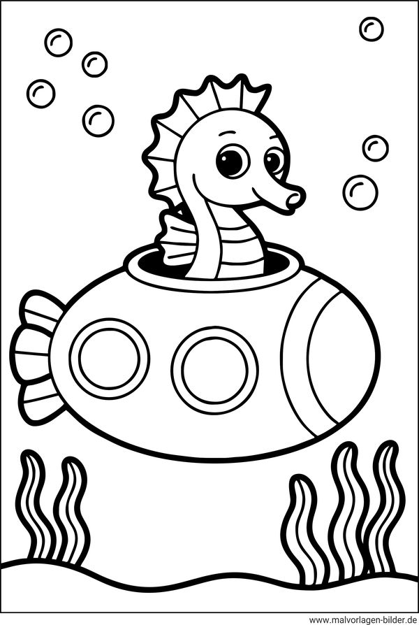 Seepferdchen fährt ein U-Boot Ausmalbild