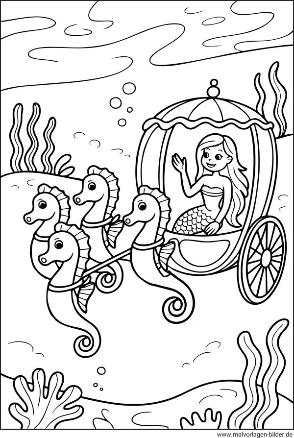 Seepferdchen ziehen eine Kutsche im Meer Ausmalbild