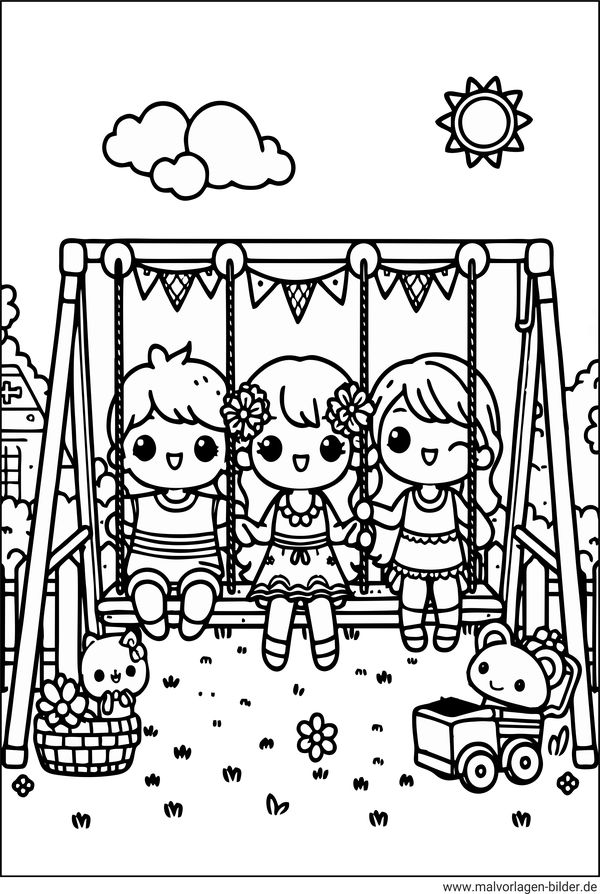 Ausmalbild Sommer Kinder auf einer Schaukel