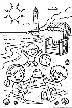 Ausmalbild Sommer Kinder im Urlaub
