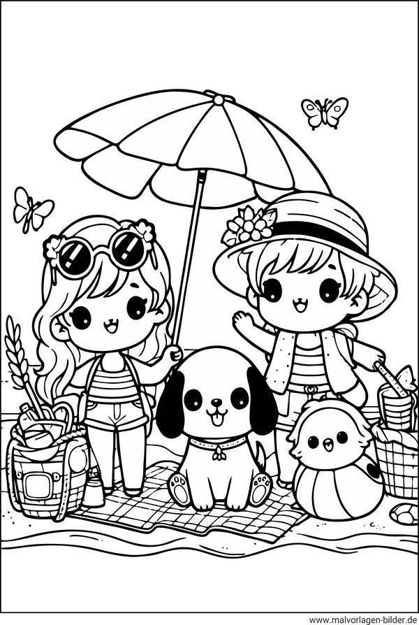 Familie mit Hund Sommer Urlaub Ausmalbild