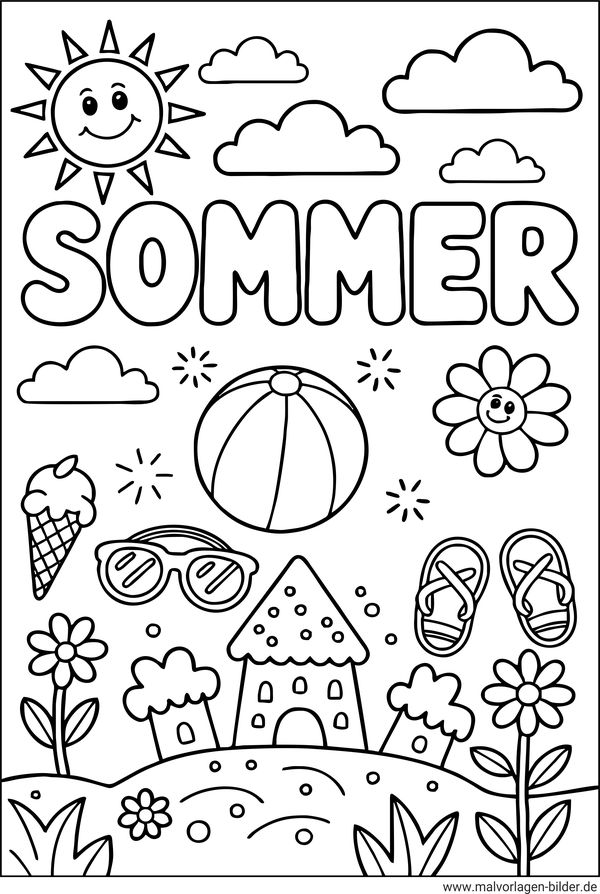 Sommer Ausmalbild mit Symbolen