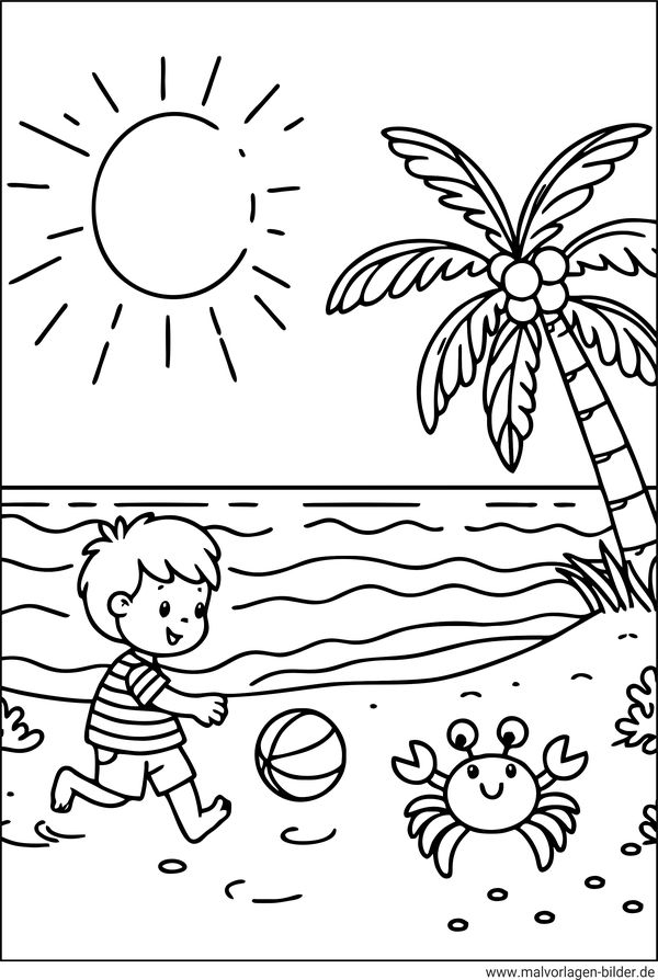 Junge am Strand im Sommer Ausmalbild
