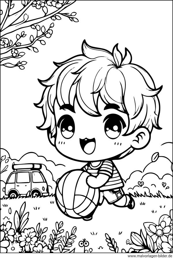 Sommer Junge spielt Ball Ausmalbild