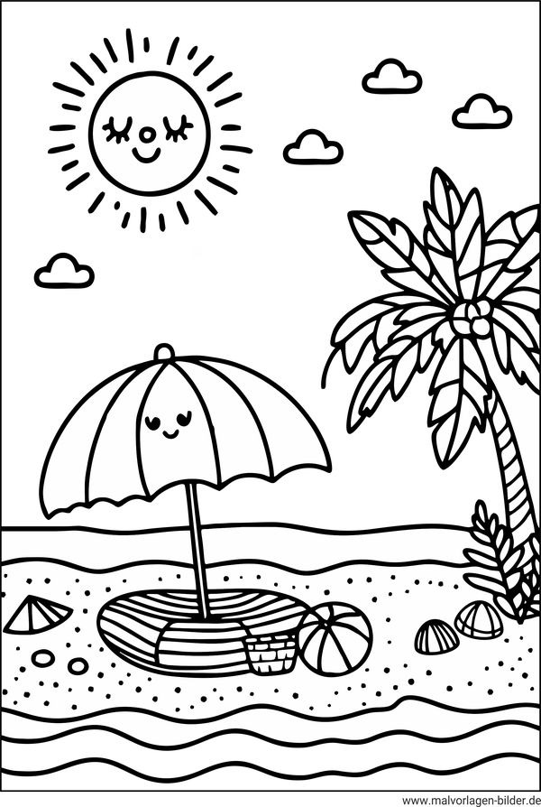 Sommer Strand Sonne Ausmalbild für Kinder