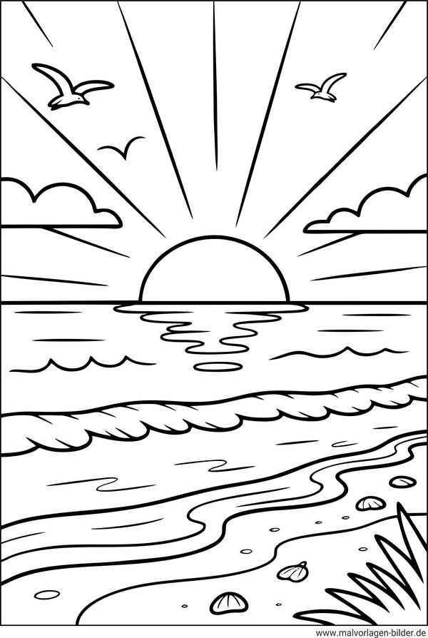 Ausmalbild Sonnenuntergang am Meer