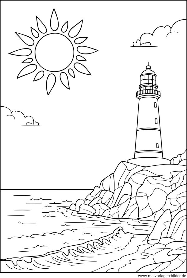 Sonne Meer und ein Leuchtturm Ausmalbild