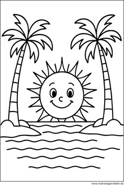 Sonne Palmen Meer Ausmalbild für Kinder