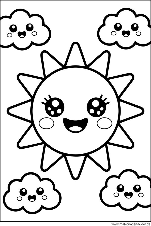 Sonne und vier Wolken Kawaii-Ausmalbild