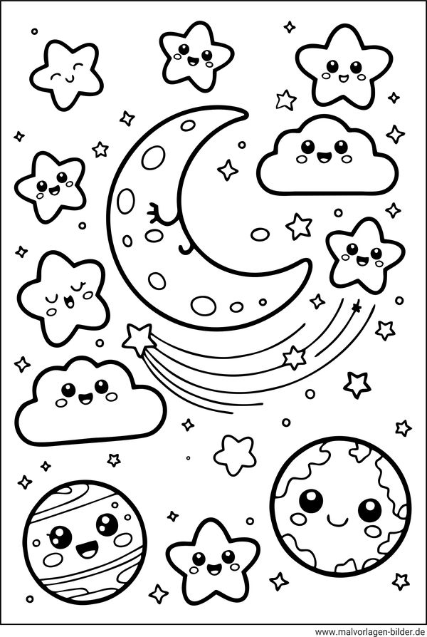 Ausmalbild Kawaii-Sterne am Himmel
