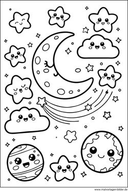 Ausmalbild für Kinder kawaii Sternenhimmel ausdrucken