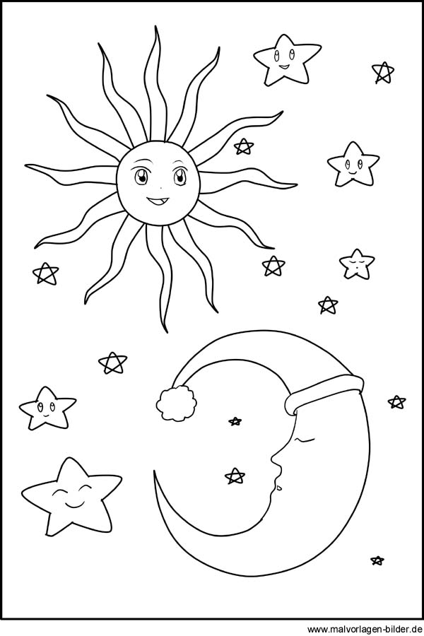 Ausmalbilder - Sonne, Mond und Sterne