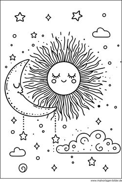 Ausmalbild Sonne, Mond und Sterne Vorlage zum Herunterladen