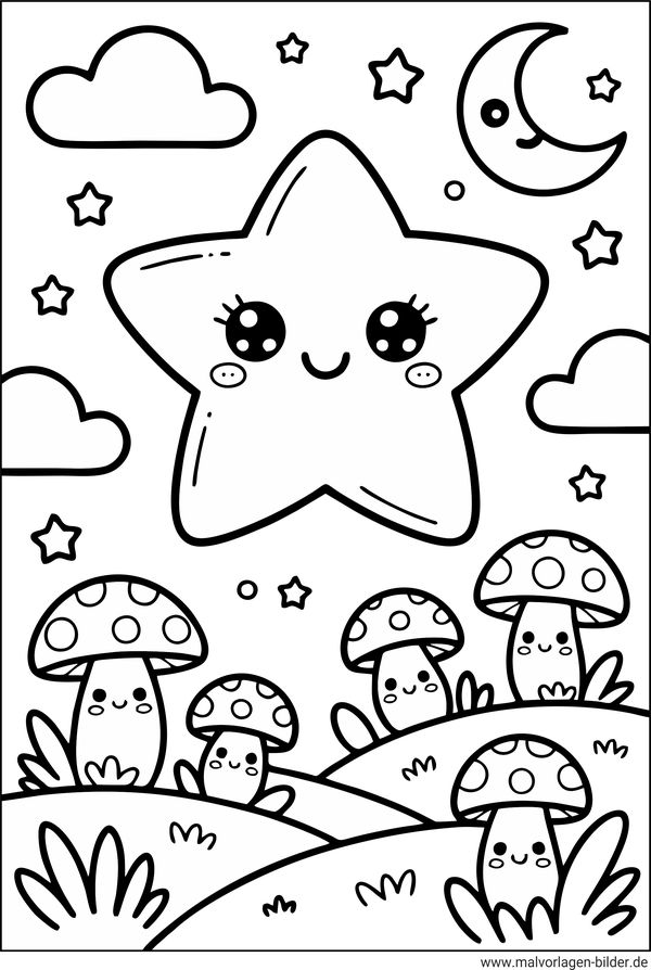Ausmalbild Stern, Mond und Pilze