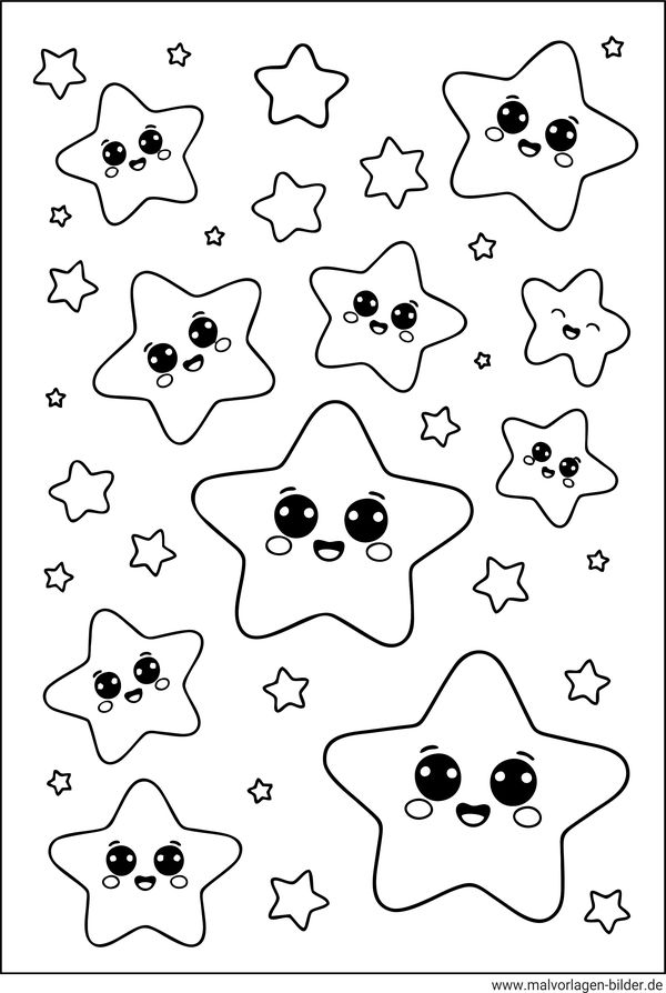 Ausmalbild Sternenhimmel mit grossen und kleinen Sternen