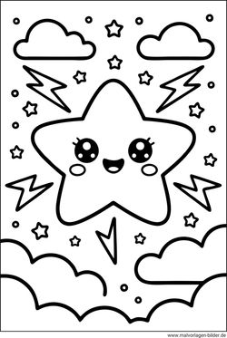 Kawaii Stern und Blitze am Himmel
