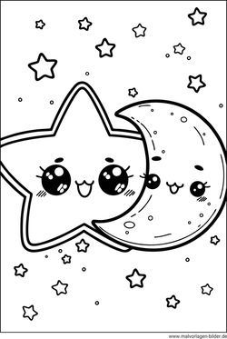 Mond und Stern mit Gesichter Ausmalbild für Kinder kostenlos