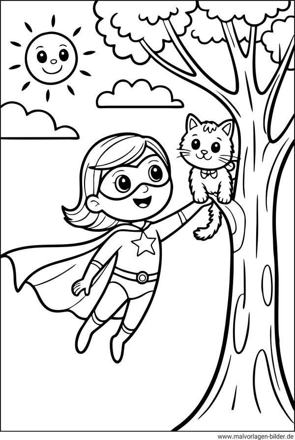 Superheldin rettet Katze Ausmalbild