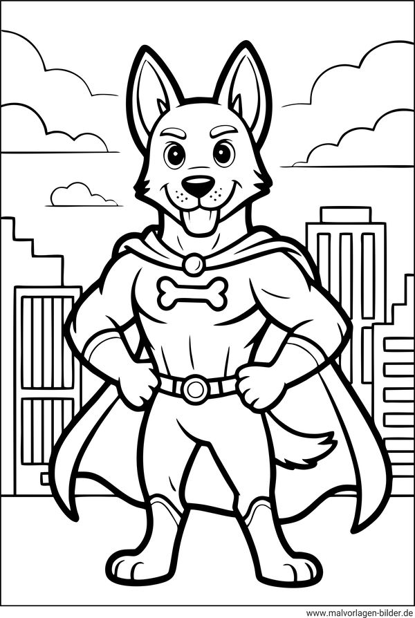Hund als Superheld mit tierischen Superkräften Malvorlage